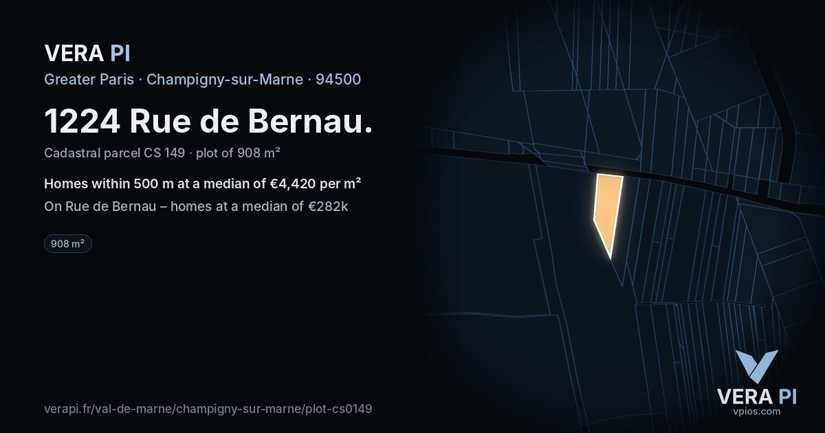 1224 Rue de Bernau, Champigny-sur-Marne at night – the plot lit, the parcels around coloured by the prices near them