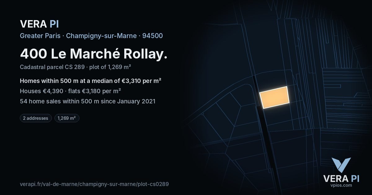 400 Le Marché Rollay, Champigny-sur-Marne at night – the plot lit, the parcels around coloured by the prices near them