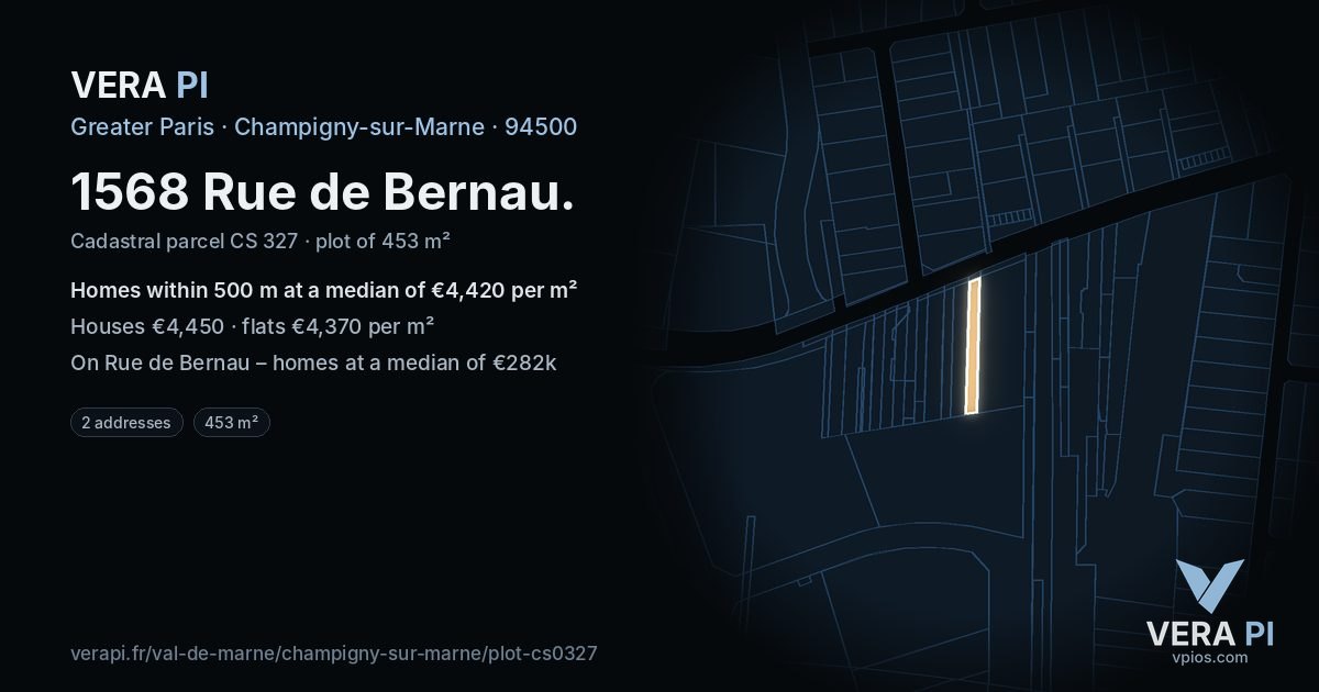 1568 Rue de Bernau, Champigny-sur-Marne at night – the plot lit, the parcels around coloured by the prices near them