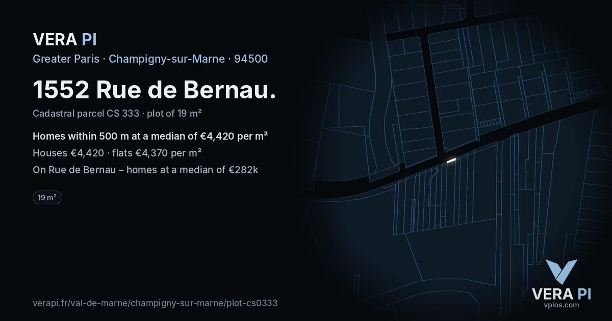 1552 Rue de Bernau, Champigny-sur-Marne at night – the plot lit, the parcels around coloured by the prices near them