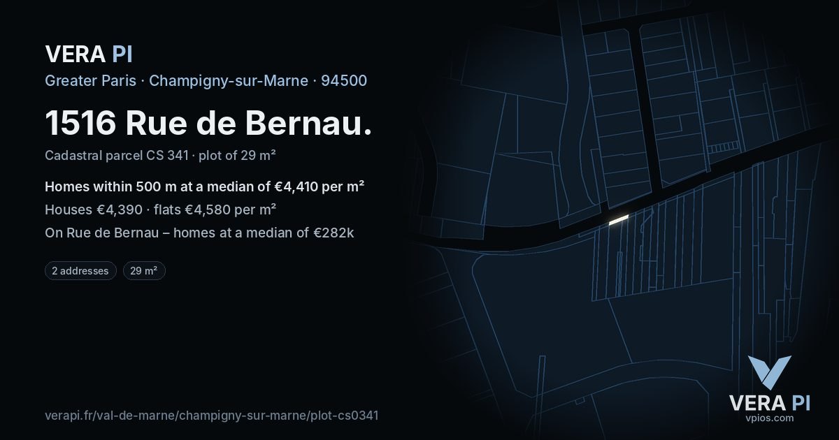 1516 Rue de Bernau, Champigny-sur-Marne at night – the plot lit, the parcels around coloured by the prices near them