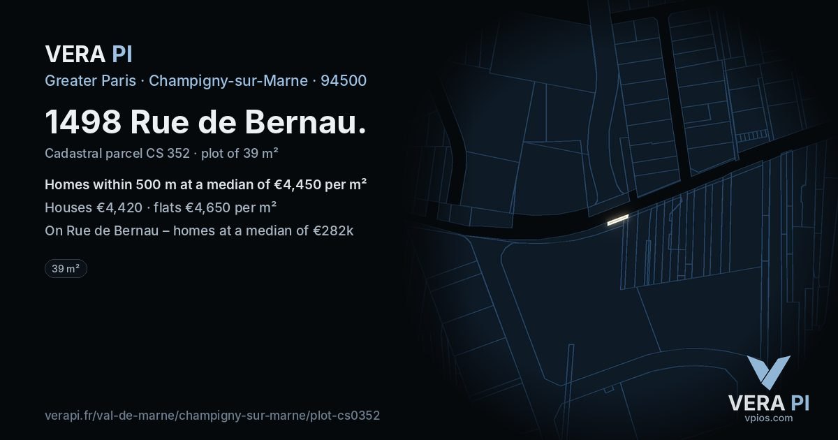 1498 Rue de Bernau, Champigny-sur-Marne at night – the plot lit, the parcels around coloured by the prices near them