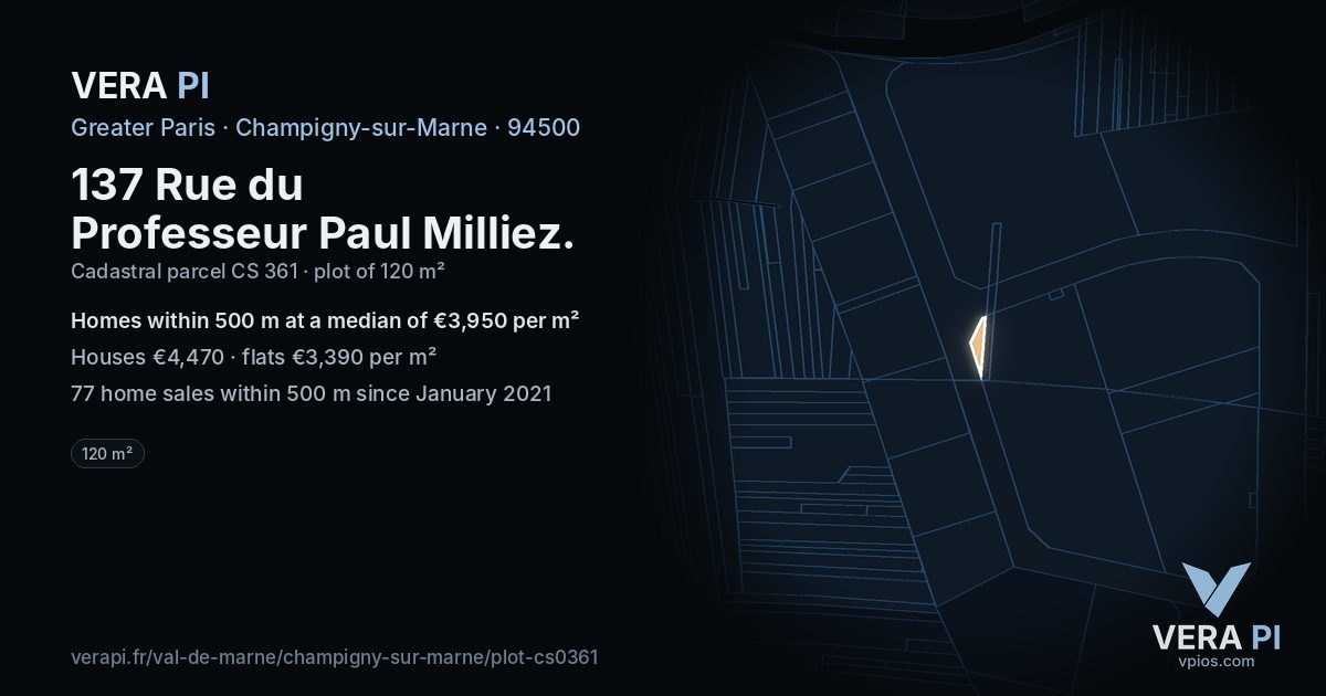 137 Rue du Professeur Paul Milliez, Champigny-sur-Marne at night – the plot lit, the parcels around coloured by the prices near them
