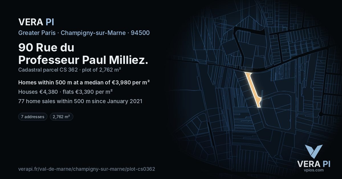 90 Rue du Professeur Paul Milliez, Champigny-sur-Marne at night – the plot lit, the parcels around coloured by the prices near them