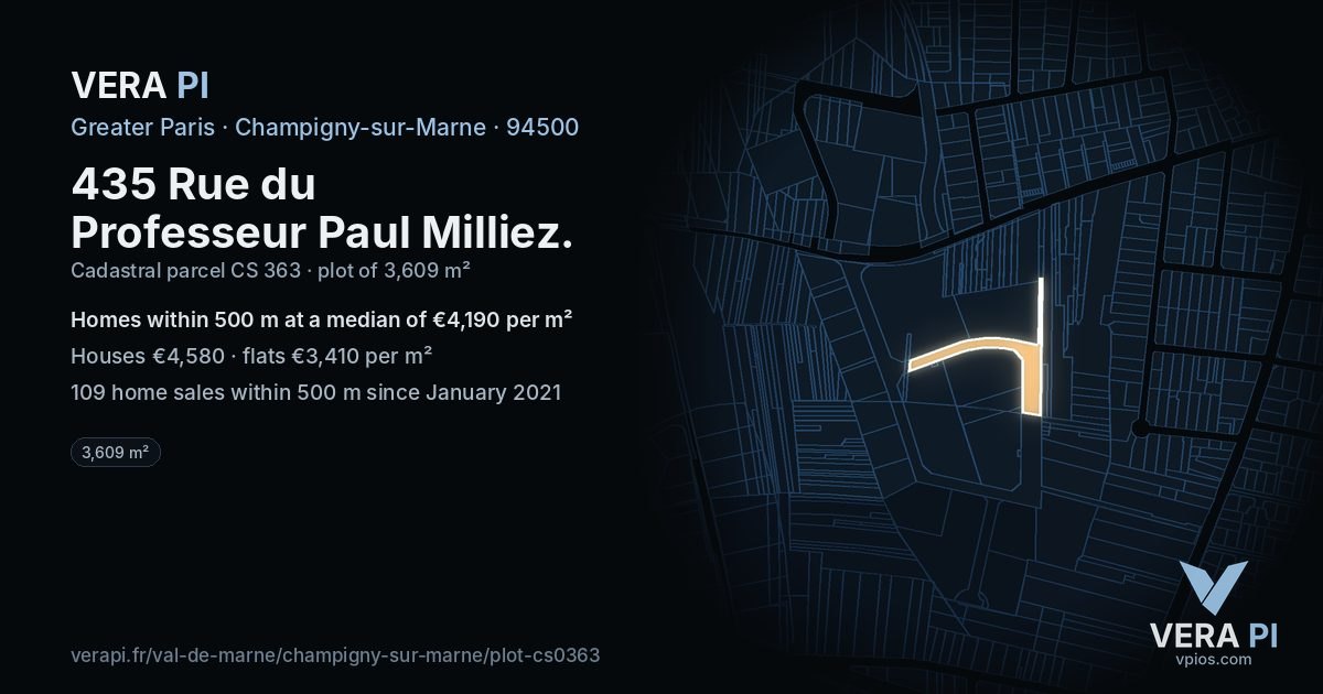 435 Rue du Professeur Paul Milliez, Champigny-sur-Marne at night – the plot lit, the parcels around coloured by the prices near them