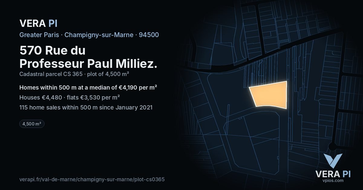 570 Rue du Professeur Paul Milliez, Champigny-sur-Marne at night – the plot lit, the parcels around coloured by the prices near them