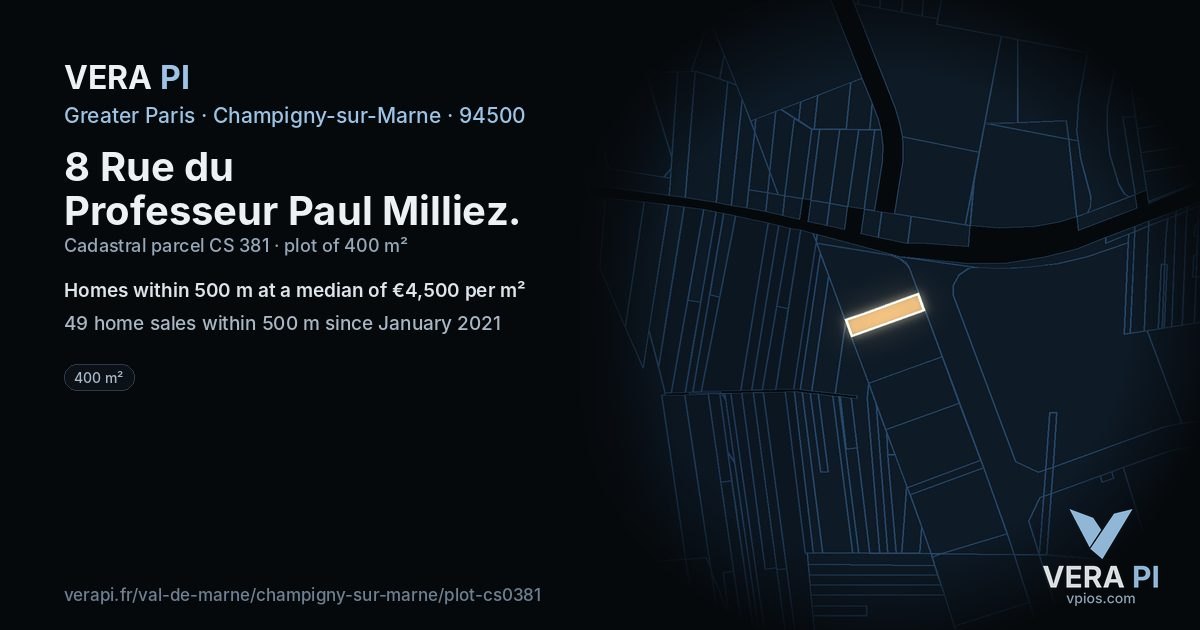8 Rue du Professeur Paul Milliez, Champigny-sur-Marne at night – the plot lit, the parcels around coloured by the prices near them