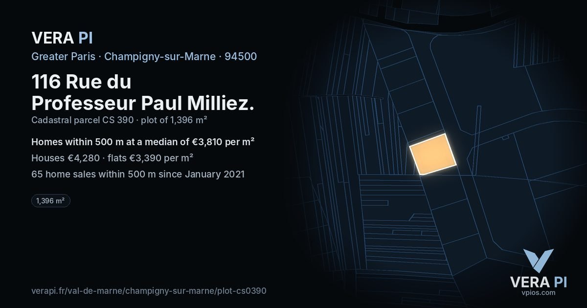 116 Rue du Professeur Paul Milliez, Champigny-sur-Marne at night – the plot lit, the parcels around coloured by the prices near them