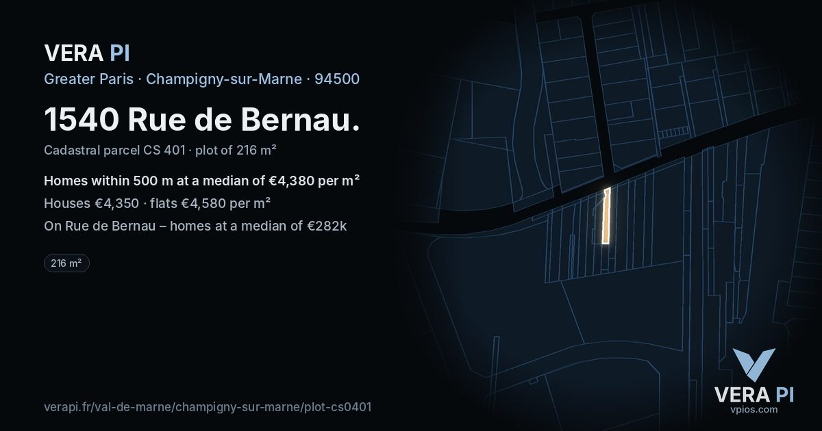 1540 Rue de Bernau, Champigny-sur-Marne at night – the plot lit, the parcels around coloured by the prices near them