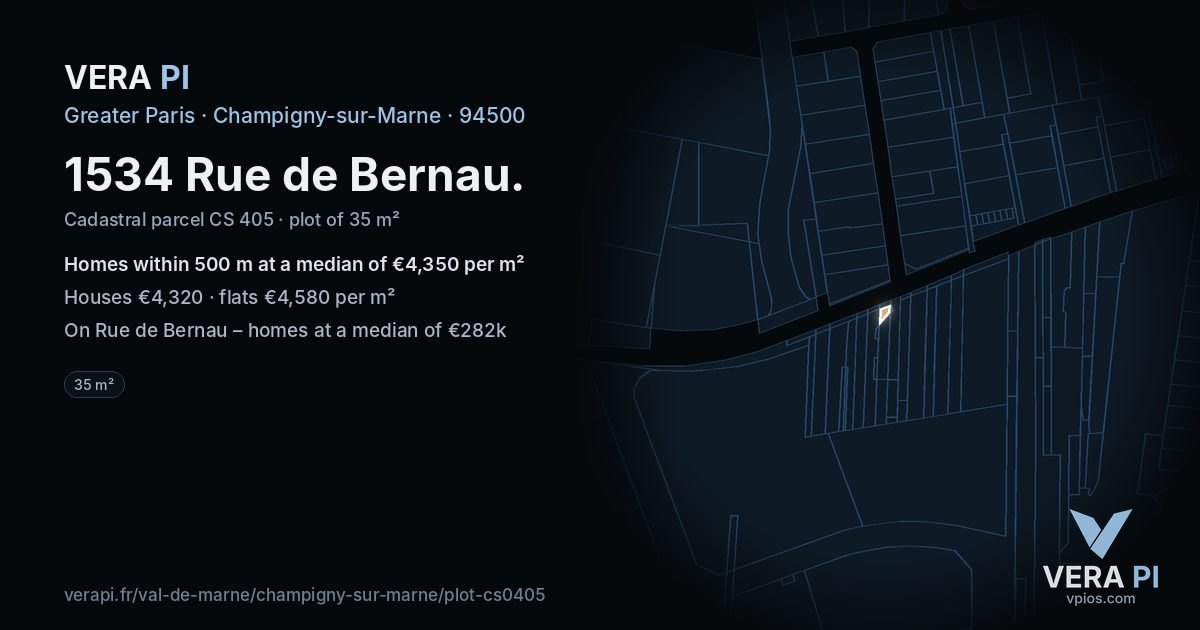 1534 Rue de Bernau, Champigny-sur-Marne at night – the plot lit, the parcels around coloured by the prices near them