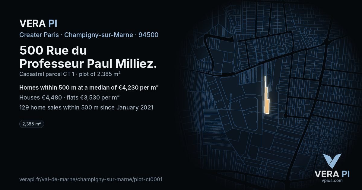 500 Rue du Professeur Paul Milliez, Champigny-sur-Marne at night – the plot lit, the parcels around coloured by the prices near them