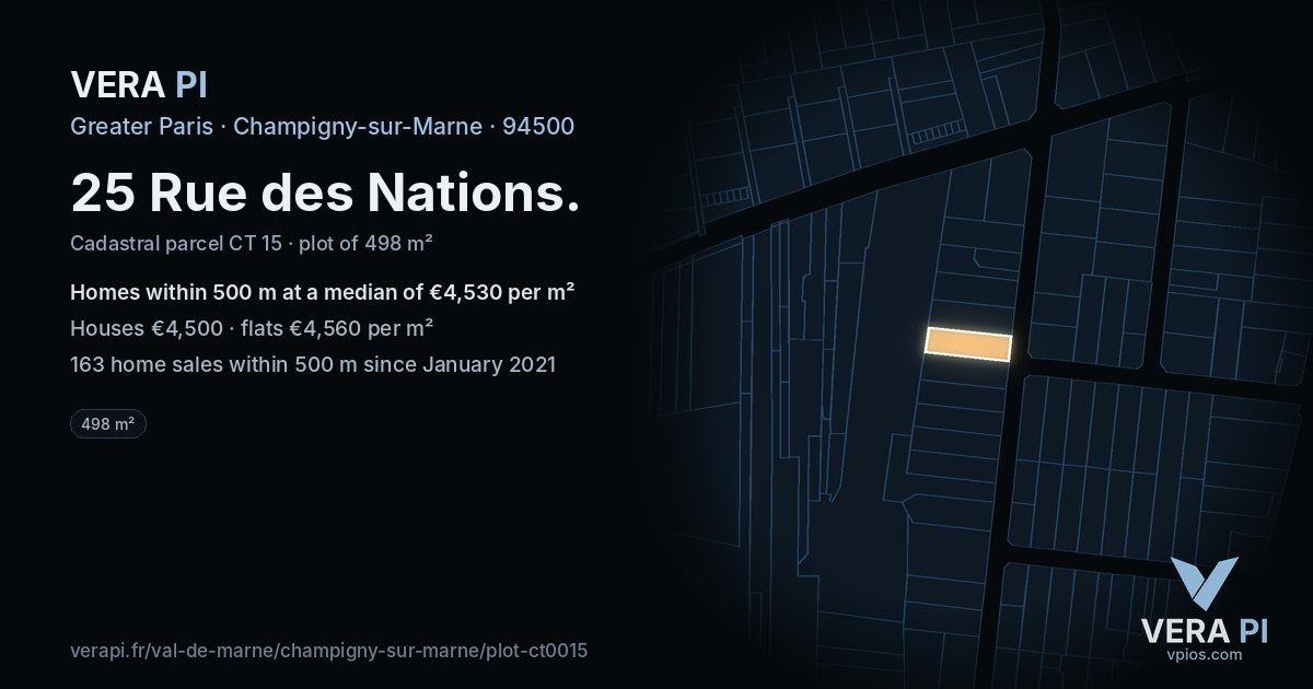 25 Rue des Nations, Champigny-sur-Marne at night – the plot lit, the parcels around coloured by the prices near them