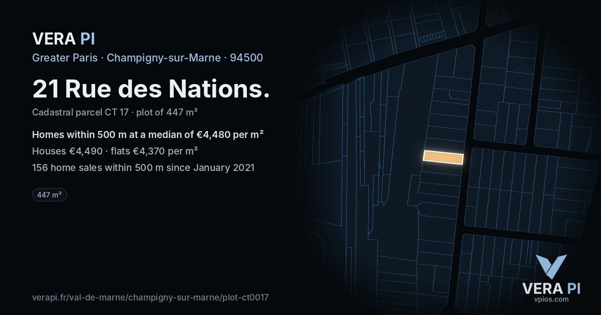 21 Rue des Nations, Champigny-sur-Marne at night – the plot lit, the parcels around coloured by the prices near them