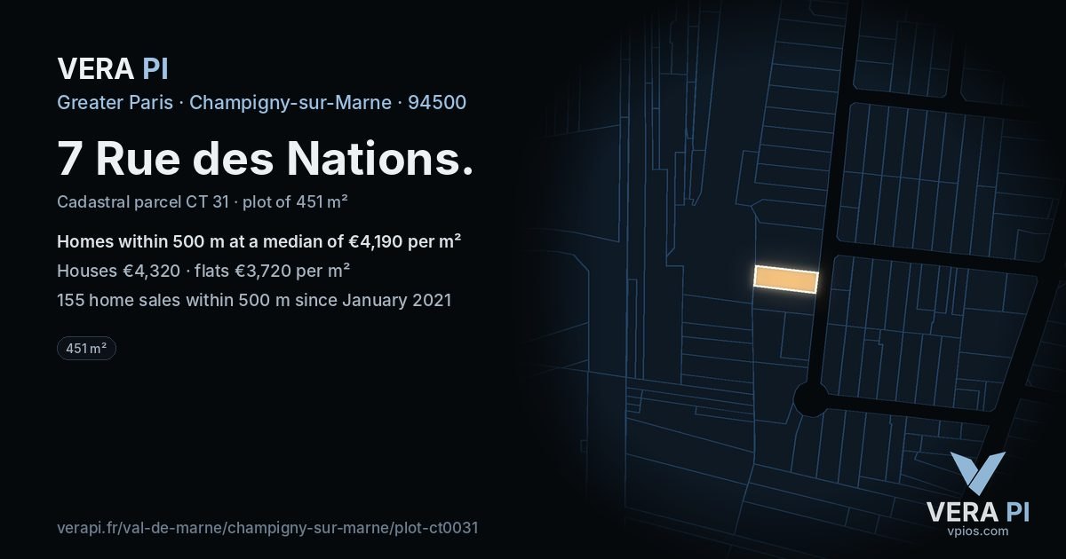 7 Rue des Nations, Champigny-sur-Marne at night – the plot lit, the parcels around coloured by the prices near them