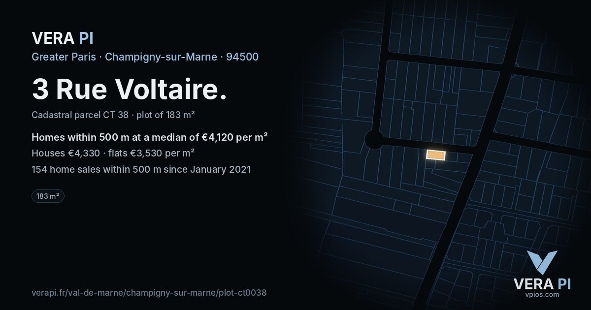 3 Rue Voltaire, Champigny-sur-Marne at night – the plot lit, the parcels around coloured by the prices near them