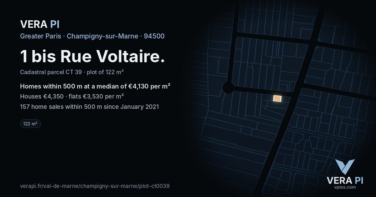 1 bis Rue Voltaire, Champigny-sur-Marne at night – the plot lit, the parcels around coloured by the prices near them