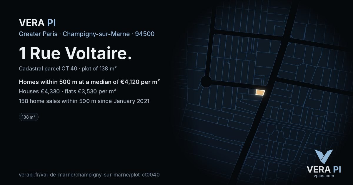 1 Rue Voltaire, Champigny-sur-Marne at night – the plot lit, the parcels around coloured by the prices near them