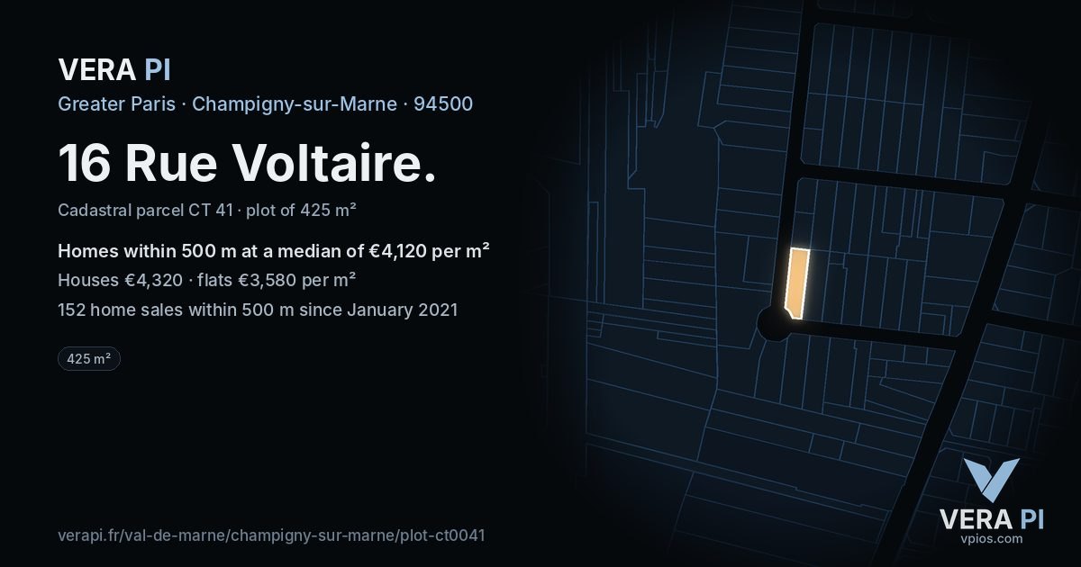 16 Rue Voltaire, Champigny-sur-Marne at night – the plot lit, the parcels around coloured by the prices near them