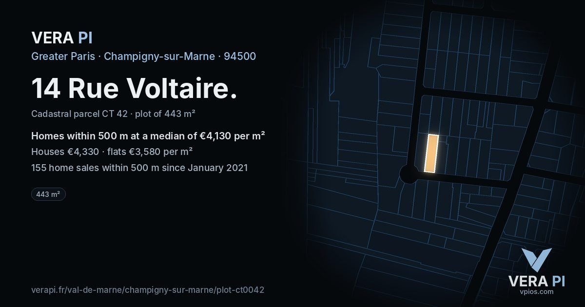 14 Rue Voltaire, Champigny-sur-Marne at night – the plot lit, the parcels around coloured by the prices near them