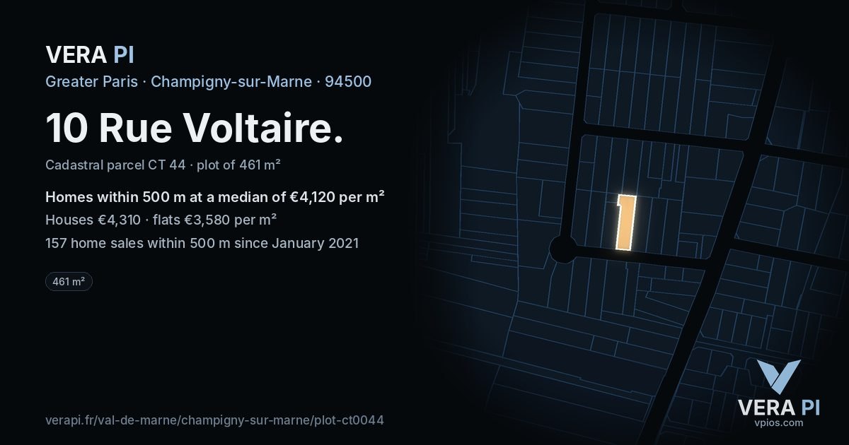 10 Rue Voltaire, Champigny-sur-Marne at night – the plot lit, the parcels around coloured by the prices near them