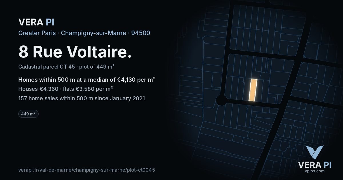 8 Rue Voltaire, Champigny-sur-Marne at night – the plot lit, the parcels around coloured by the prices near them