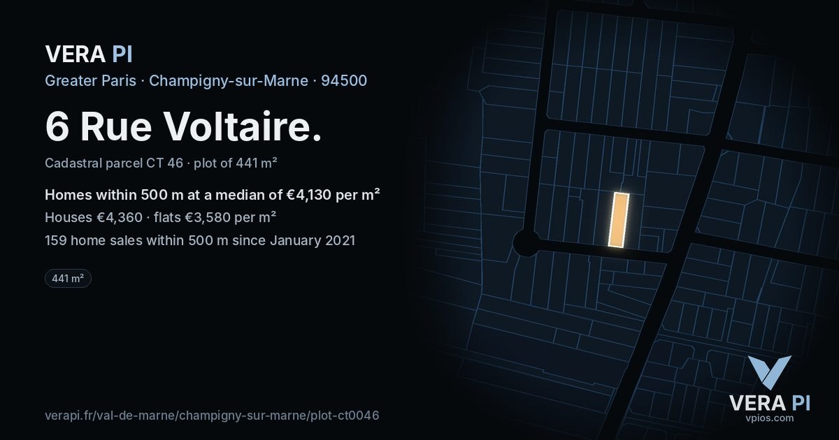 6 Rue Voltaire, Champigny-sur-Marne at night – the plot lit, the parcels around coloured by the prices near them