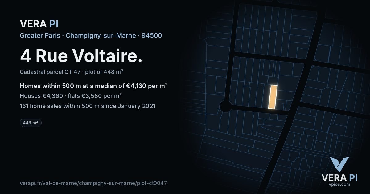 4 Rue Voltaire, Champigny-sur-Marne at night – the plot lit, the parcels around coloured by the prices near them