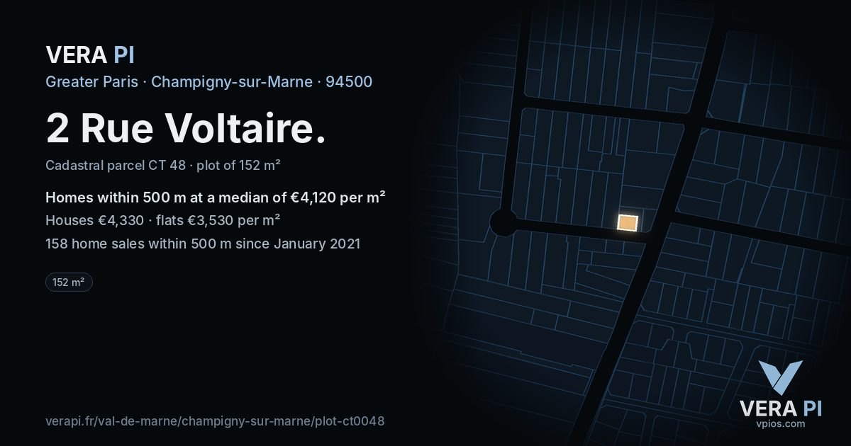 2 Rue Voltaire, Champigny-sur-Marne at night – the plot lit, the parcels around coloured by the prices near them