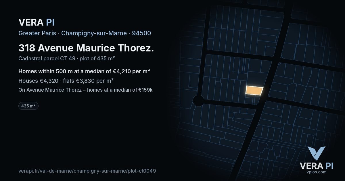 318 Avenue Maurice Thorez, Champigny-sur-Marne at night – the plot lit, the parcels around coloured by the prices near them