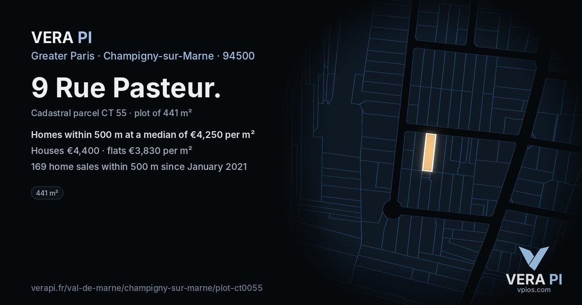 9 Rue Pasteur, Champigny-sur-Marne at night – the plot lit, the parcels around coloured by the prices near them