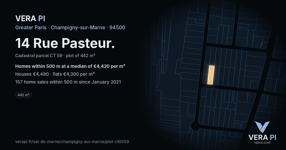 14 Rue Pasteur, Champigny-sur-Marne at night – the plot lit, the parcels around coloured by the prices near them