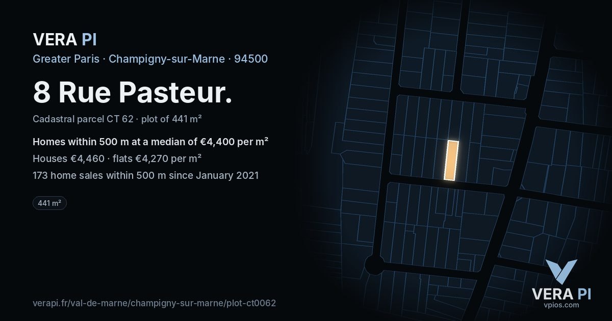 8 Rue Pasteur, Champigny-sur-Marne at night – the plot lit, the parcels around coloured by the prices near them