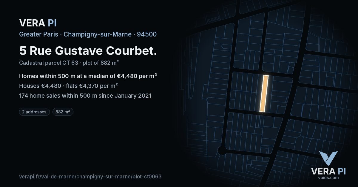 5 Rue Gustave Courbet, Champigny-sur-Marne at night – the plot lit, the parcels around coloured by the prices near them