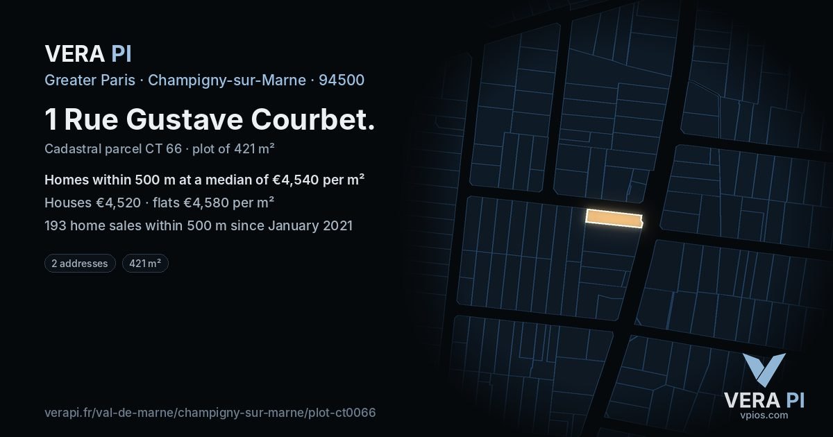 1 Rue Gustave Courbet, Champigny-sur-Marne at night – the plot lit, the parcels around coloured by the prices near them