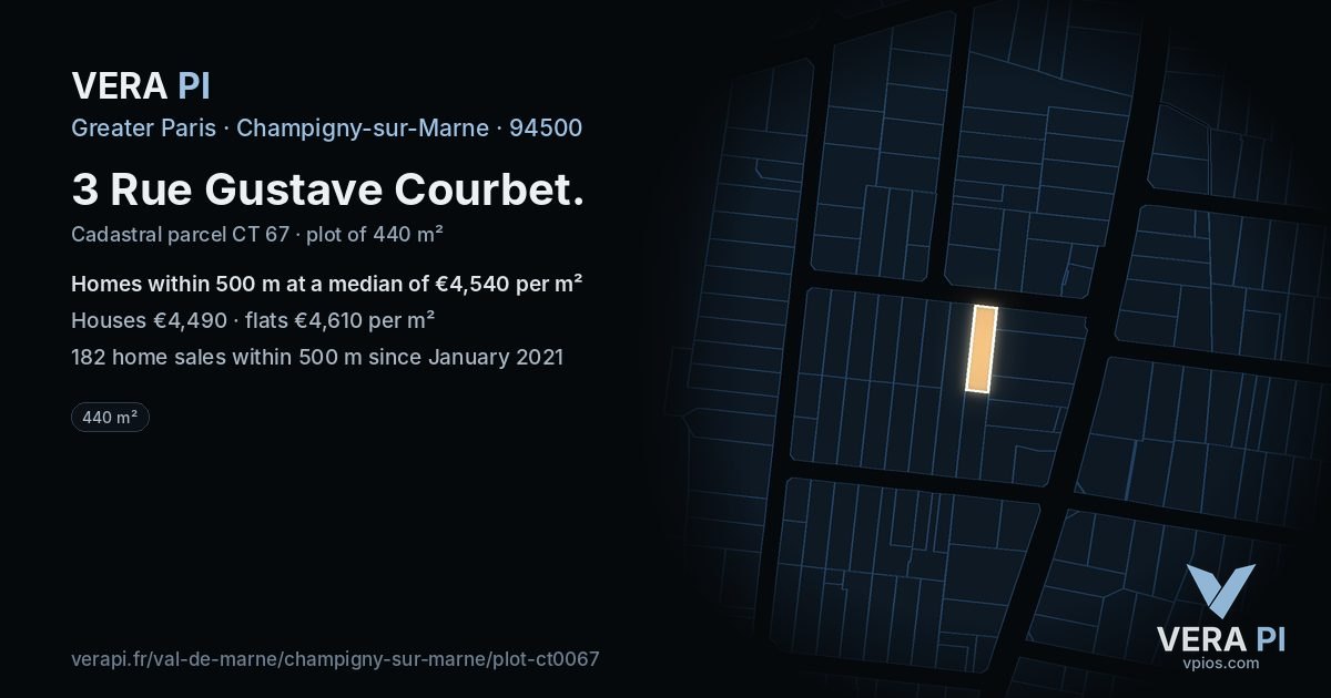 3 Rue Gustave Courbet, Champigny-sur-Marne at night – the plot lit, the parcels around coloured by the prices near them