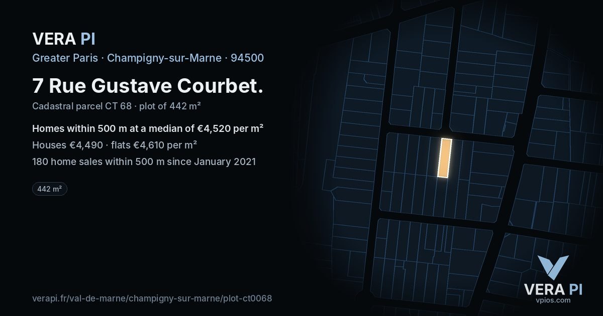 7 Rue Gustave Courbet, Champigny-sur-Marne at night – the plot lit, the parcels around coloured by the prices near them