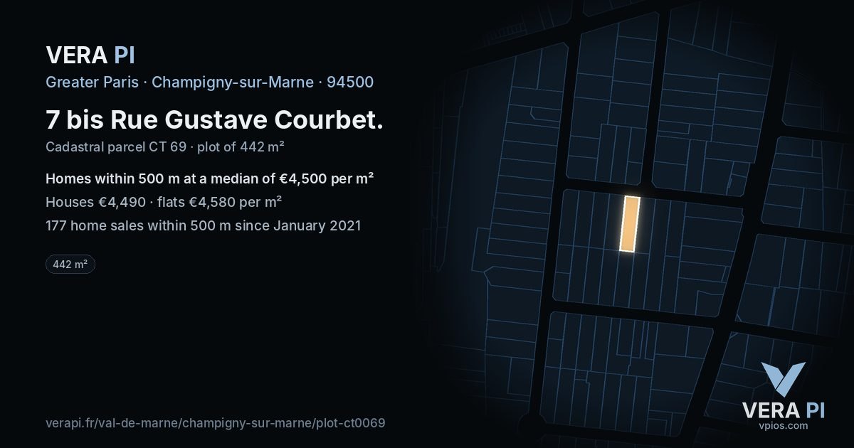 7 bis Rue Gustave Courbet, Champigny-sur-Marne at night – the plot lit, the parcels around coloured by the prices near them