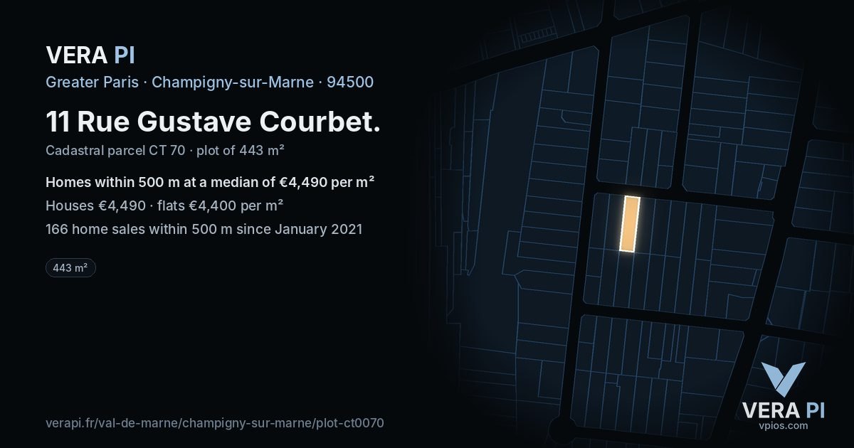 11 Rue Gustave Courbet, Champigny-sur-Marne at night – the plot lit, the parcels around coloured by the prices near them