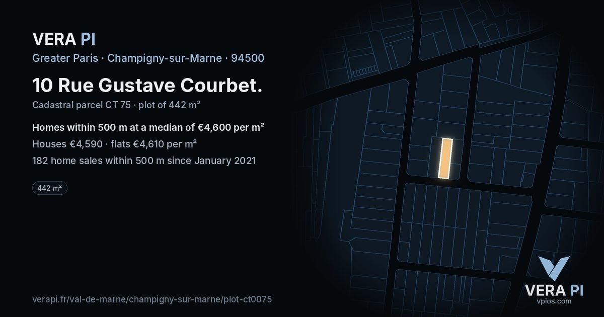 10 Rue Gustave Courbet, Champigny-sur-Marne at night – the plot lit, the parcels around coloured by the prices near them