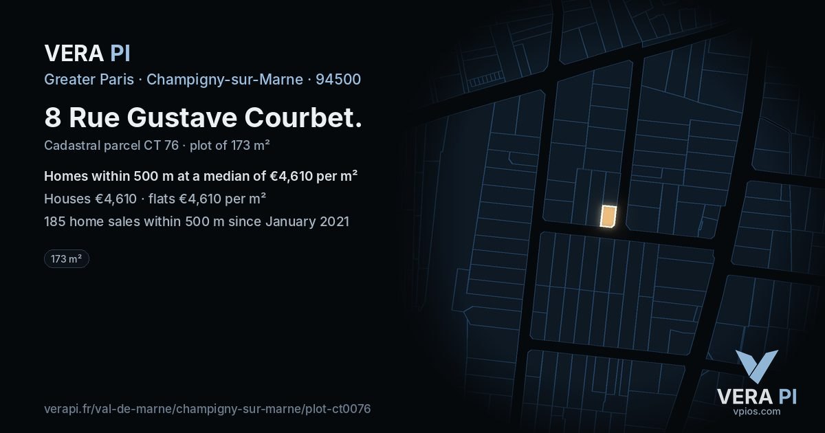 8 Rue Gustave Courbet, Champigny-sur-Marne at night – the plot lit, the parcels around coloured by the prices near them