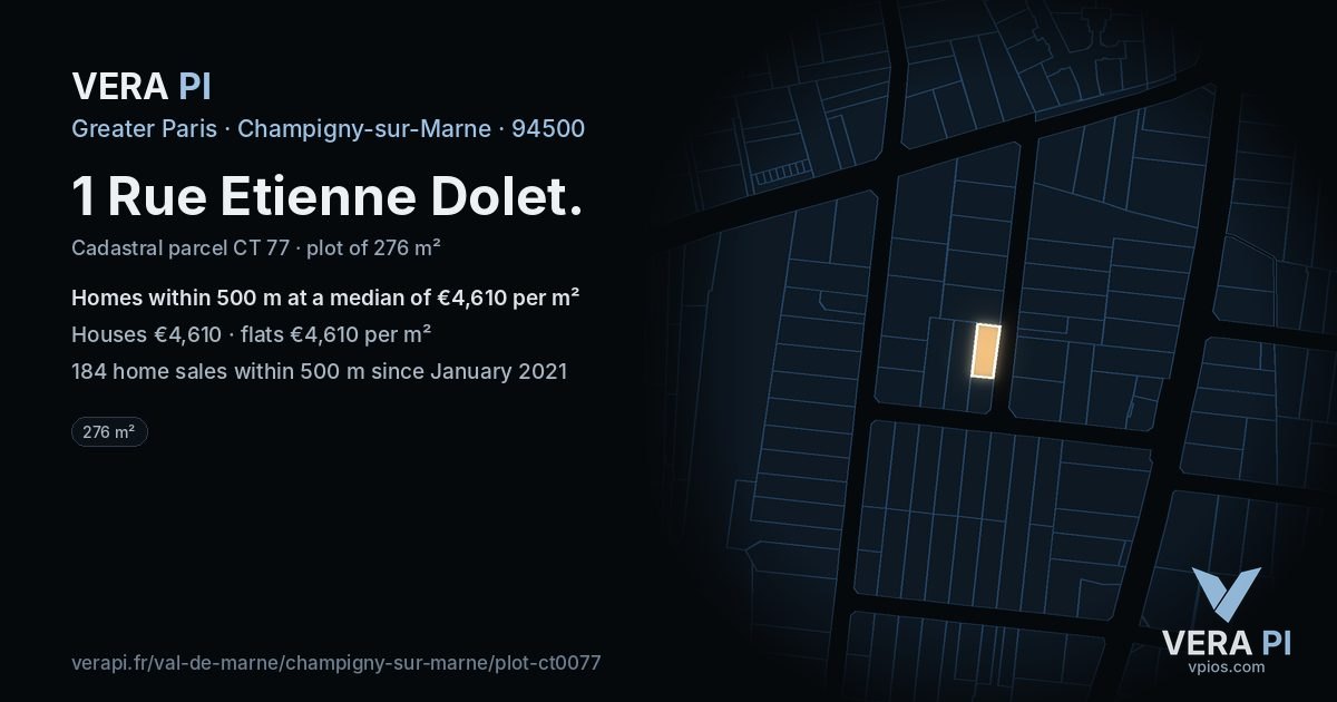 1 Rue Etienne Dolet, Champigny-sur-Marne at night – the plot lit, the parcels around coloured by the prices near them