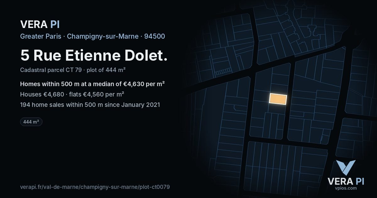5 Rue Etienne Dolet, Champigny-sur-Marne at night – the plot lit, the parcels around coloured by the prices near them