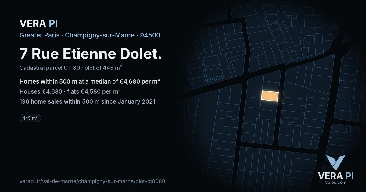7 Rue Etienne Dolet, Champigny-sur-Marne at night – the plot lit, the parcels around coloured by the prices near them