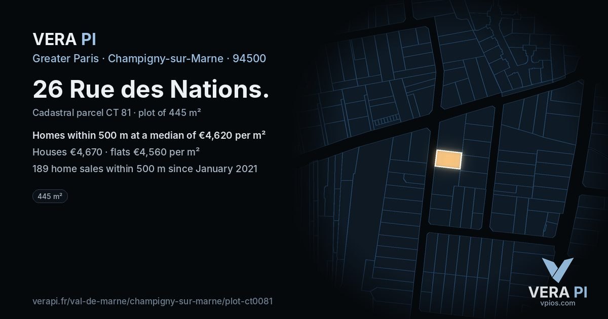 26 Rue des Nations, Champigny-sur-Marne at night – the plot lit, the parcels around coloured by the prices near them