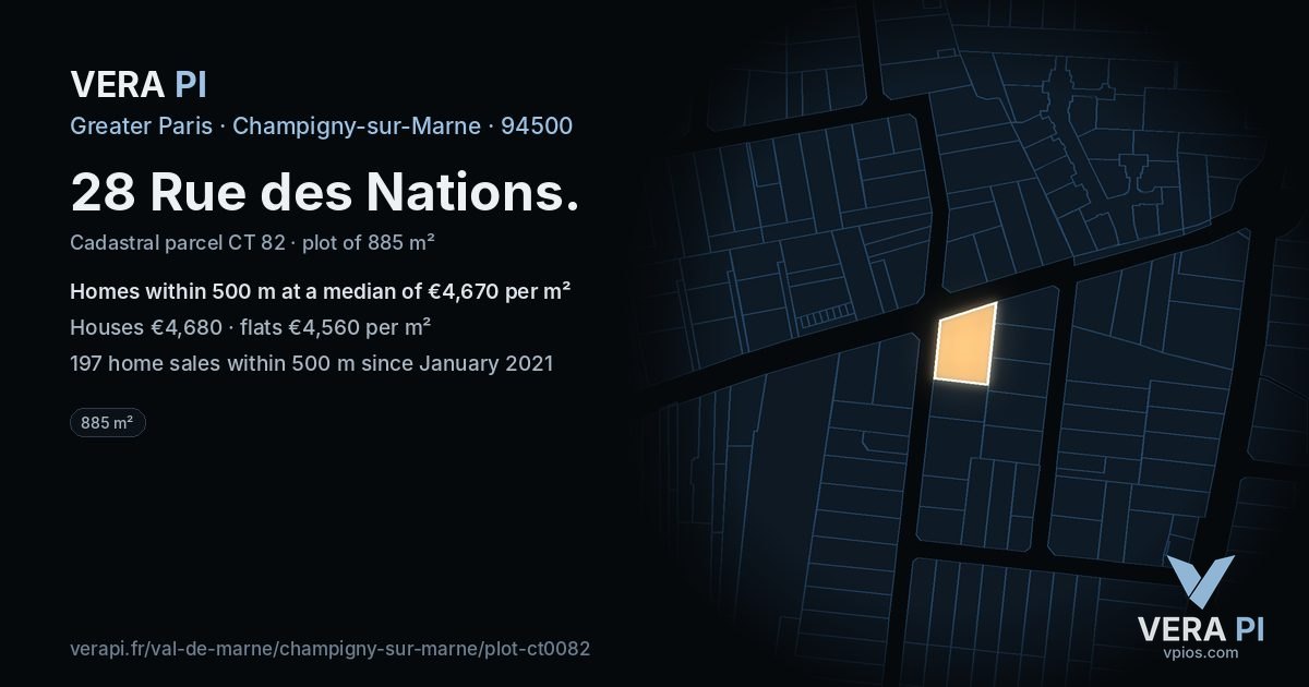 28 Rue des Nations, Champigny-sur-Marne at night – the plot lit, the parcels around coloured by the prices near them