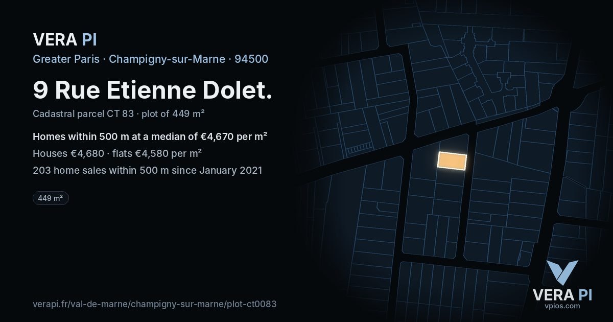 9 Rue Etienne Dolet, Champigny-sur-Marne at night – the plot lit, the parcels around coloured by the prices near them