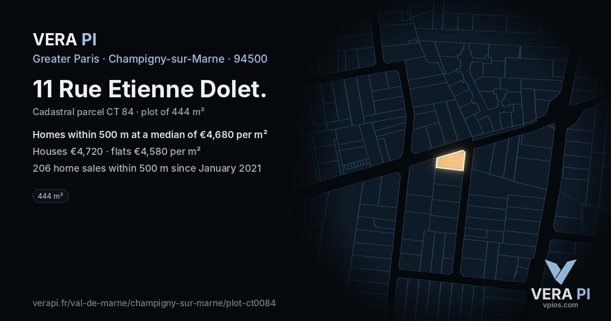 11 Rue Etienne Dolet, Champigny-sur-Marne at night – the plot lit, the parcels around coloured by the prices near them