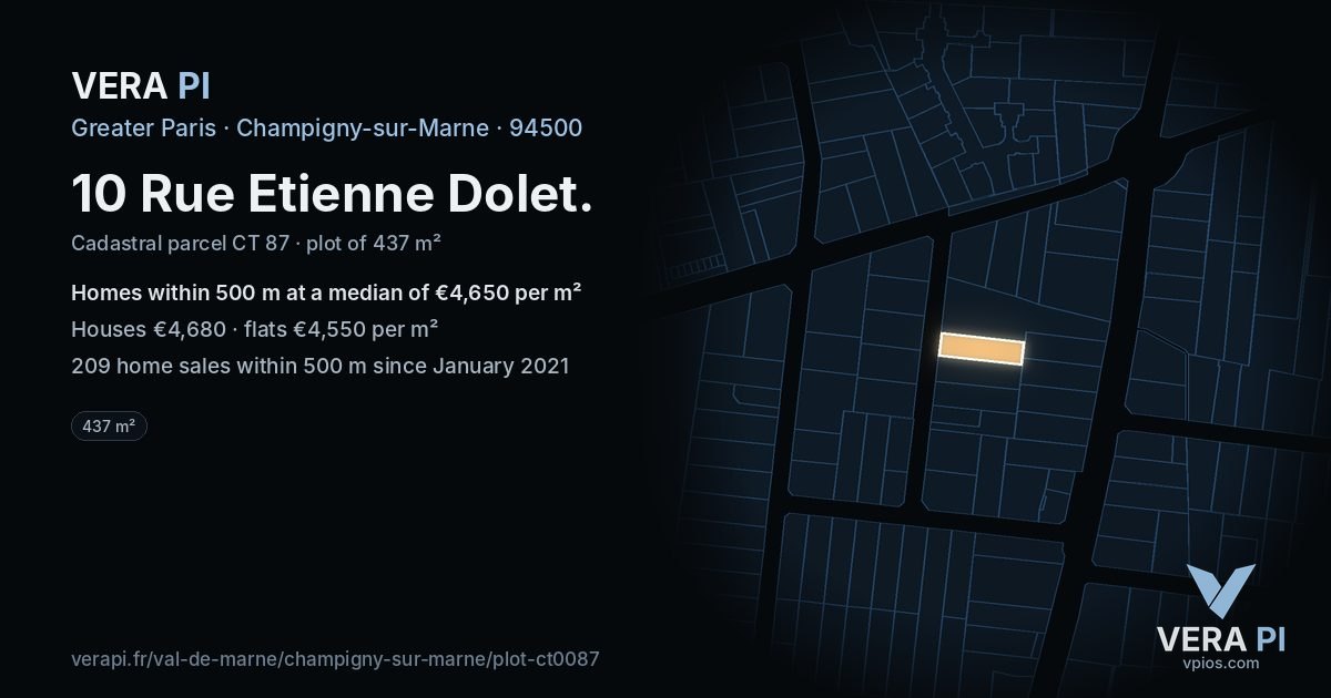 10 Rue Etienne Dolet, Champigny-sur-Marne at night – the plot lit, the parcels around coloured by the prices near them