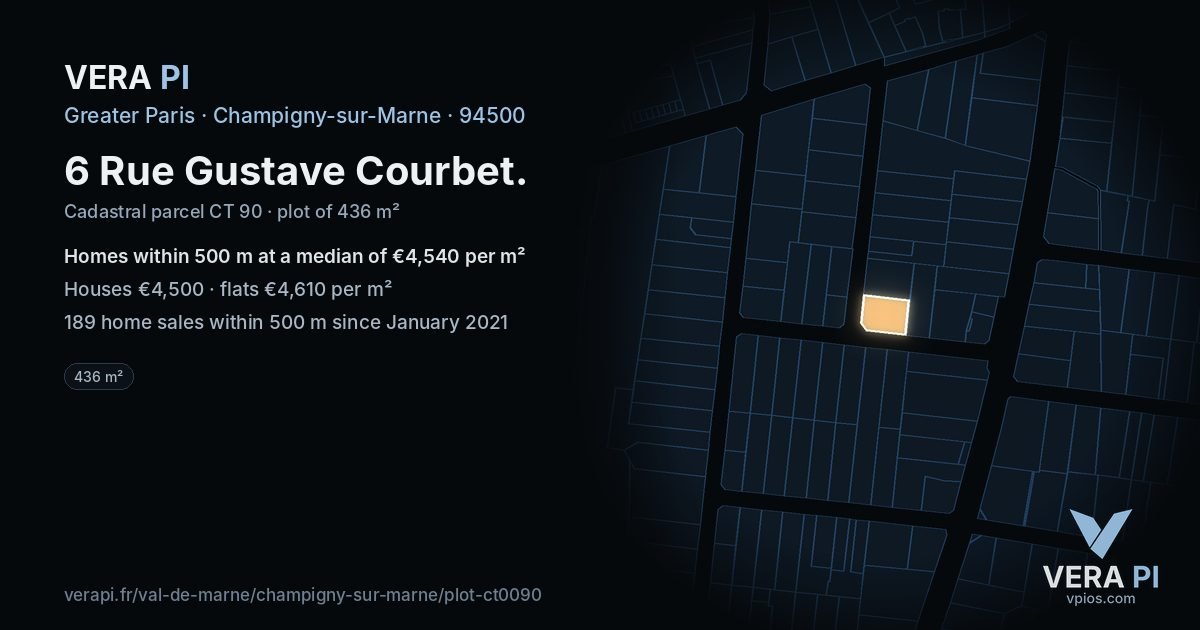 6 Rue Gustave Courbet, Champigny-sur-Marne at night – the plot lit, the parcels around coloured by the prices near them