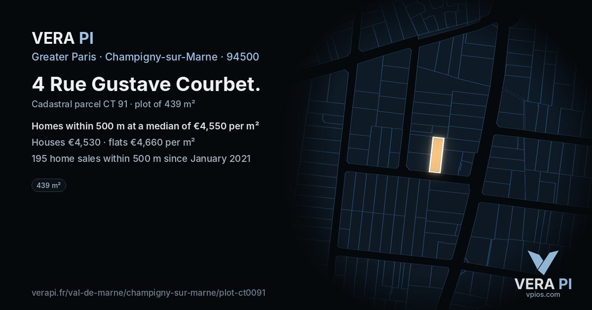 4 Rue Gustave Courbet, Champigny-sur-Marne at night – the plot lit, the parcels around coloured by the prices near them